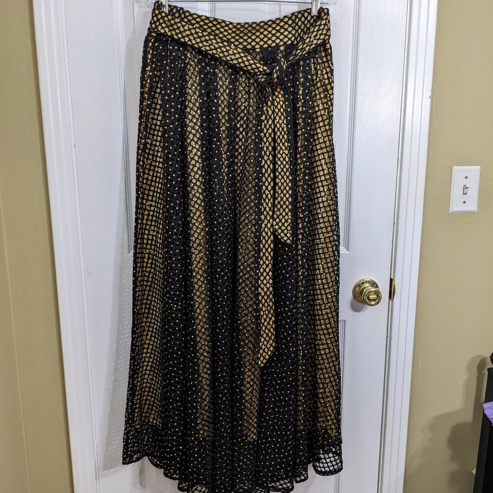 Raquel Black Net Overlay Gold Liner Crystals Tie Belt Maxi Skirt  - size 1XL NWT